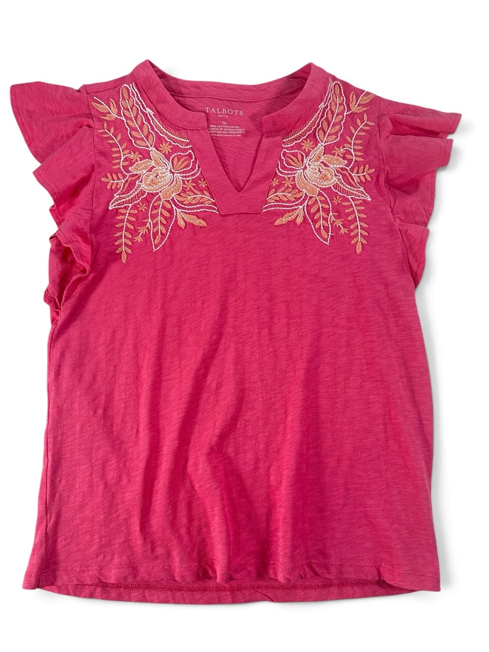 Talbots Women’s SP Hot Pink Flutter Sleeve Tee with Floral Embroidery